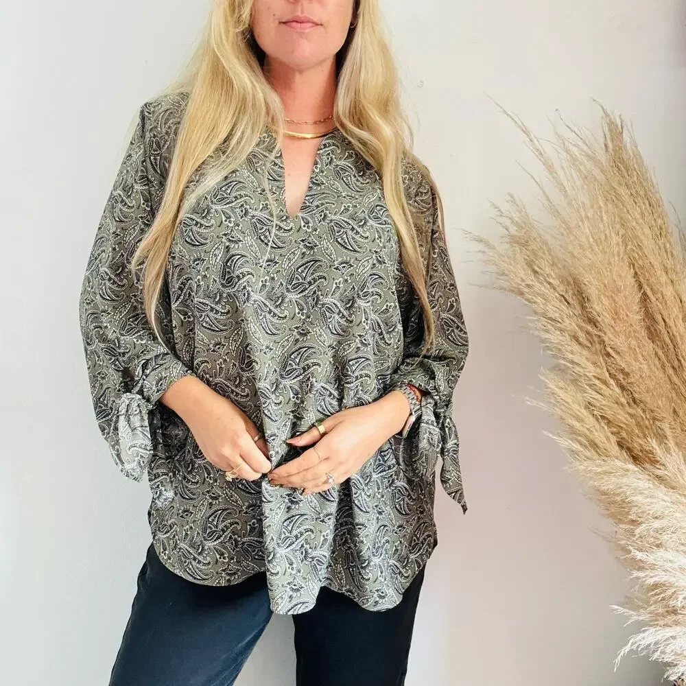 MICHAEL KORS Sage Green White Pasiley Tie Sleeve Tunic $120 Blouse Top Shirt 2X